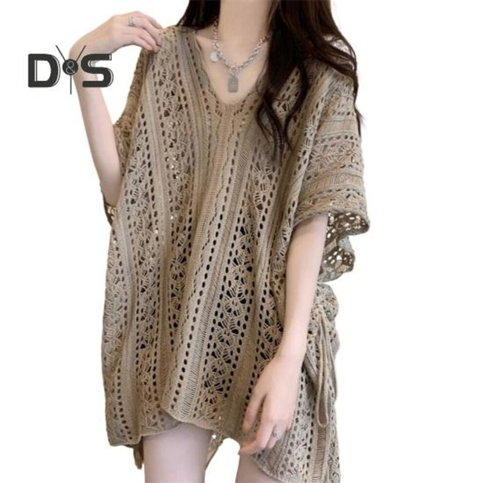 (khaki) Cover Up Dress V-Neck Short Sleeve Hollow Out Breathable Loose Fit Summer Tops Beach Bikini Cover Up