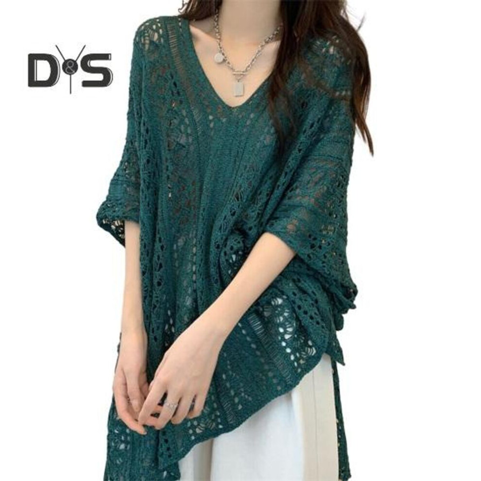 (green) Cover Up Dress V-Neck Short Sleeve Hollow Out Breathable Loose Fit Summer Tops Beach Bikini Cover Up