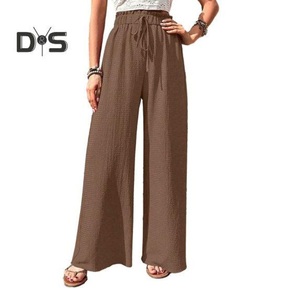 (coffee, XL) Women Pants High Elastic Waist Drawstring Wide Leg Loose Pleated Pockets Soft Breathable Deep Crotch Floor Length Lady Yoga Trousers