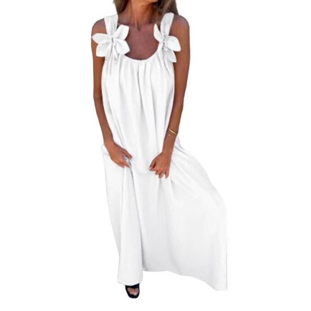 (white, L) Women Dress 3D Rose Decor Shoulder Strap Sleeveless Pleated Slip Dress Loose Solid Color Backless Maxi Dress For Beach Party Datings