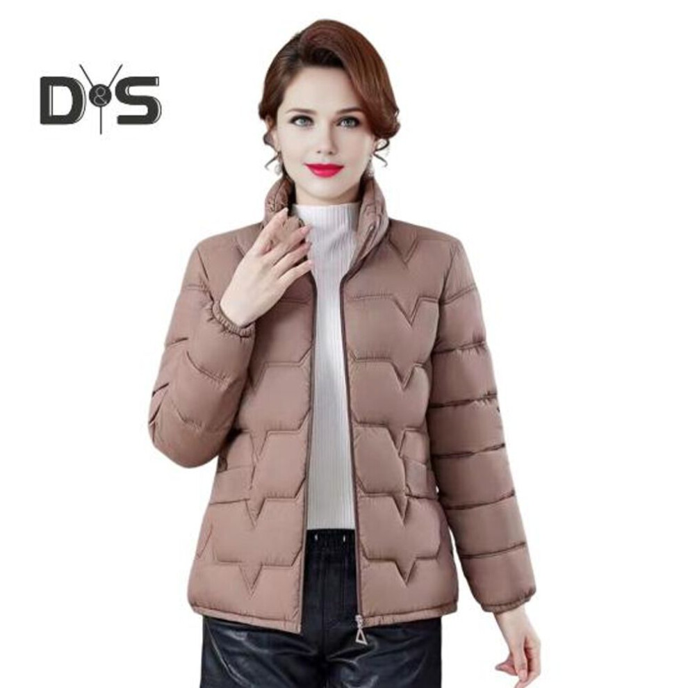 (coffee, 4XL) Women Cotton Jacket Stand Collar Long Sleeve Solid Color Zipper Closure Autumn Winter Cotton Coat Thickened Quilted Outwear
