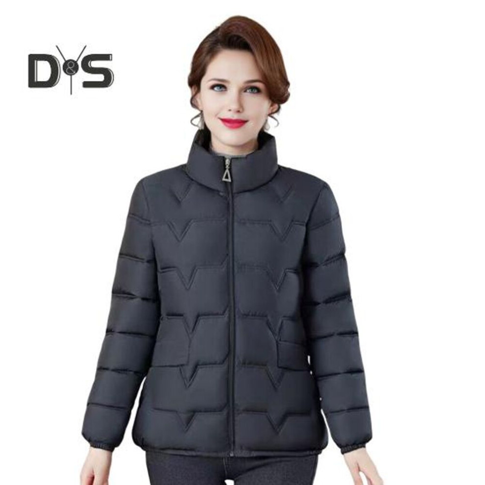 (black, XXL) Women Cotton Jacket Stand Collar Long Sleeve Solid Color Zipper Closure Autumn Winter Cotton Coat Thickened Quilted Outwear