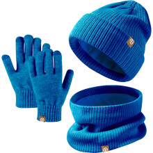 (Blue) Kids Winter Hat Scarf Gloves Set,Warm Thermal Knitted Beanie Cap Snood Neck Warmer Touchscreen Mitten Soft Fleece Lining Elastic for Children