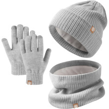 (Grey) Kids Winter Hat Scarf Gloves Set,Warm Thermal Knitted Beanie Cap Snood Neck Warmer Touchscreen Mitten Soft Fleece Lining Elastic for Children