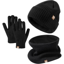 (Black) Kids Winter Hat Scarf Gloves Set,Warm Thermal Knitted Beanie Cap Snood Neck Warmer Touchscreen Mitten Soft Fleece Lining Elastic for Children