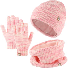 (Pink Mix) Kids Winter Hat Scarf Gloves Set,Warm Thermal Knitted Beanie Cap Snood Neck Warmer Touchscreen Mitten Soft Fleece Lining Elastic for Children