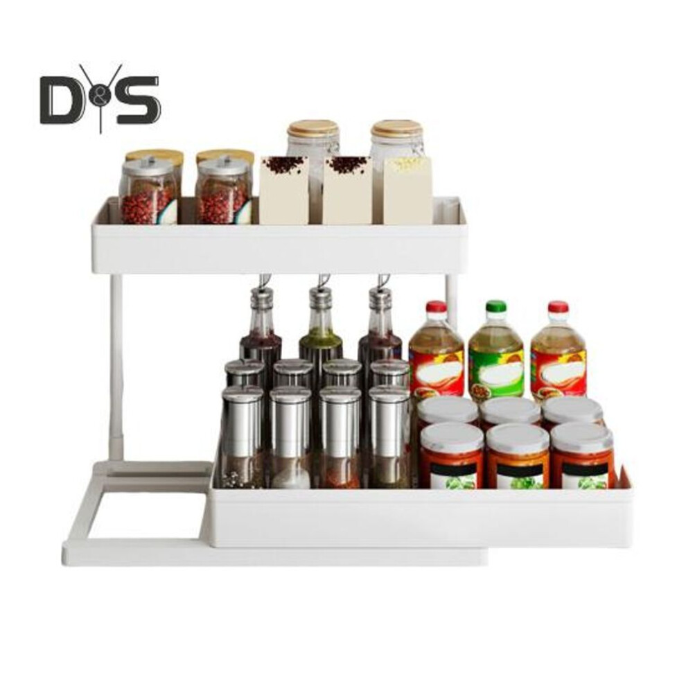 (white) Kitchen Cabinet Pull-Out Storage Rack Under-Sink Organizer Large Capacity 2 Tier L-Shape Easy Installation Storage Organizer
