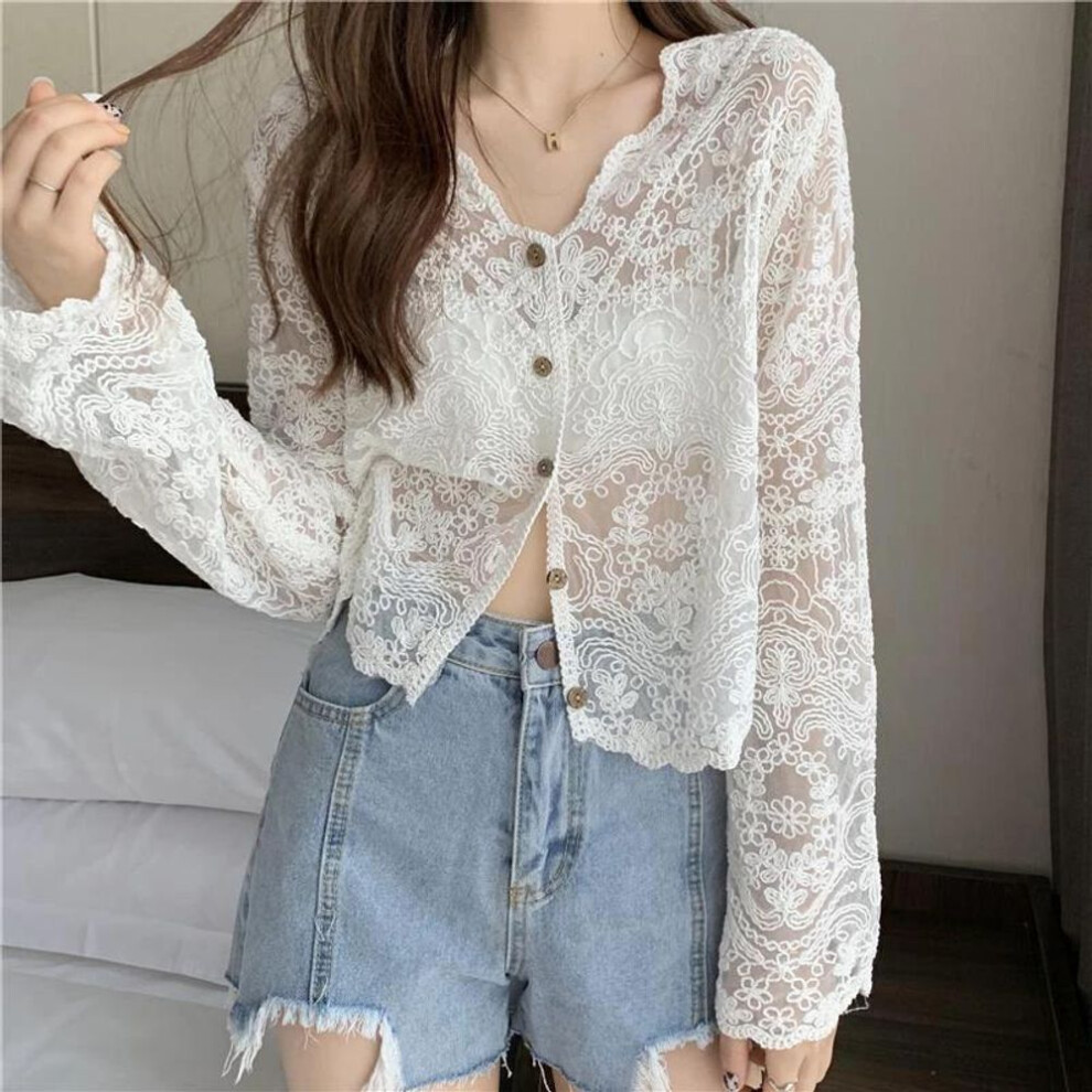 (L, white) Women Vintage Top Lace Blouse Long Sleeve Sunscreen Shirt Cardigan Vacation Korean Elegant Casual Sun Protection Top