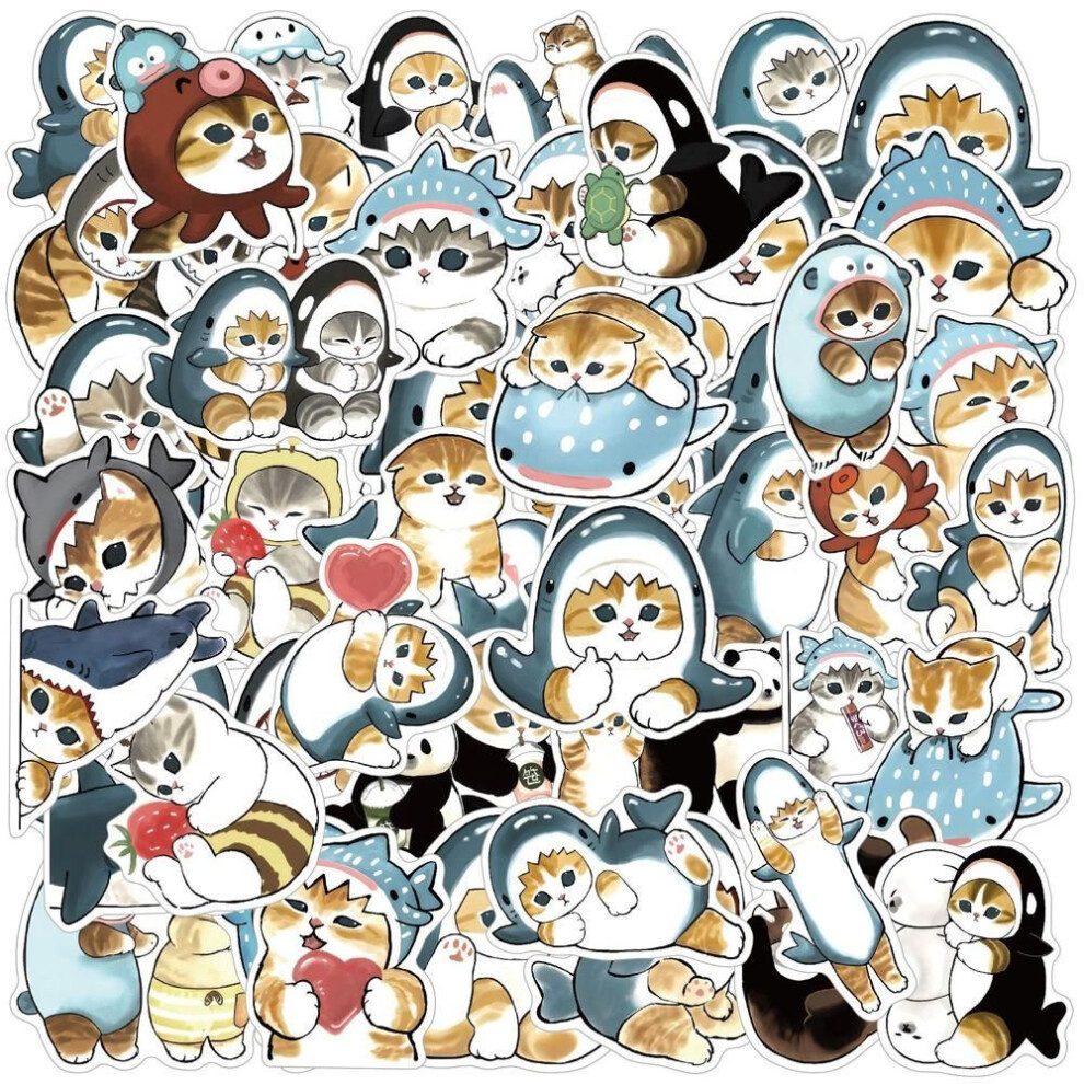(50pcs) 10/50PCS Cute Shark Hooded Fun  Shark Cat  Stickers Waterproof DIYSticker Pack for Watercup Laptop Scrapbook Notebook Diary stickers