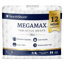 NorthShore MegaMax nattebleer til voksne 12-timers Tab-stil X-Large 10 Count Taske Hvid 50-60 tommer unisex inkontinensundert?j