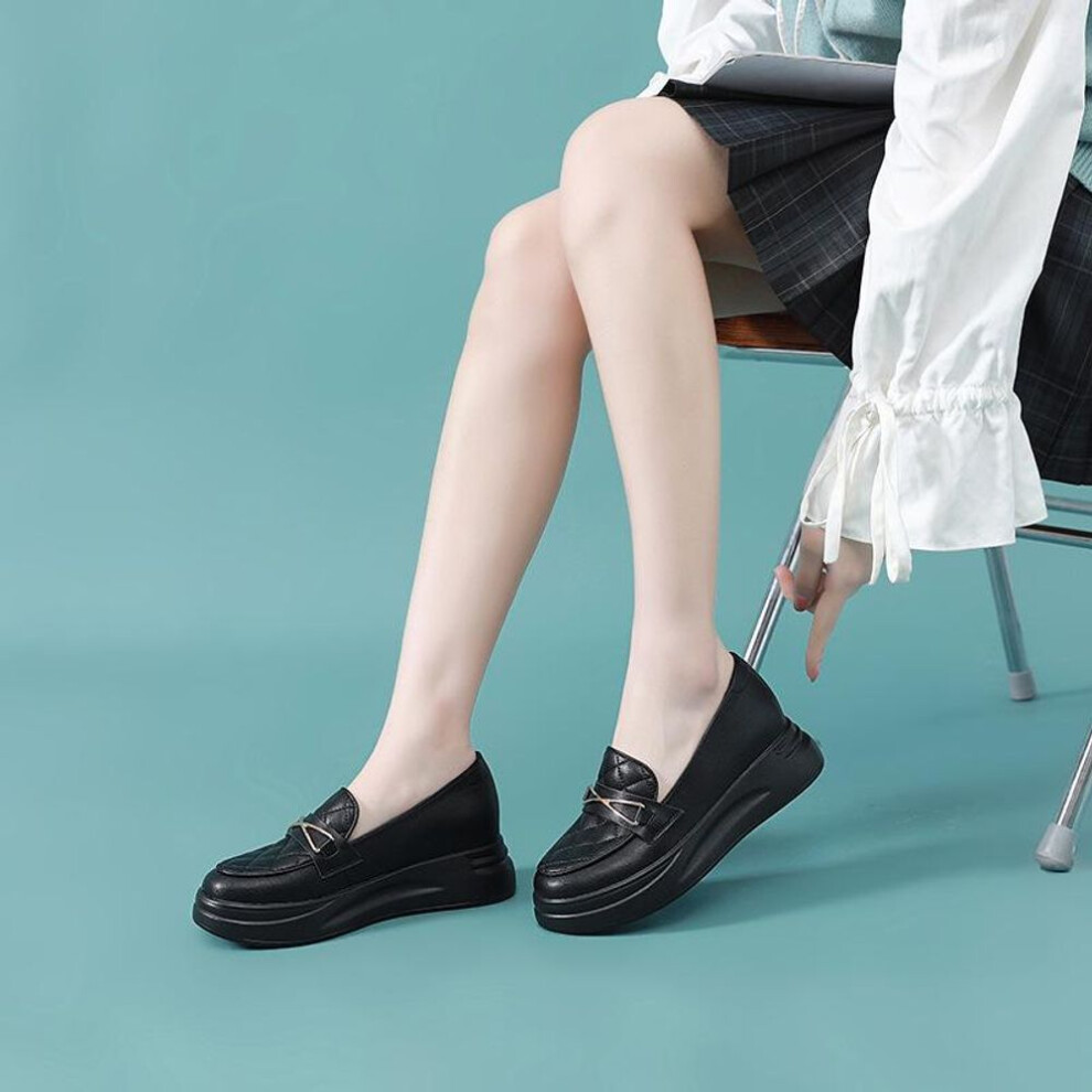 (black, 39) 2023 Spring Collection: Women's Real Leather Heightening Mary Jane Loafers, Small Leather Shoes, Nurse Style YH812