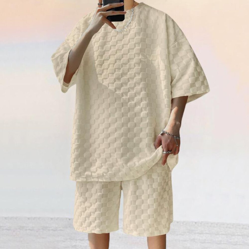 (khaki, Triple Extra Large) 2024 Men's Jacquard Plaid Short-sleeve T-shirt And Loose Fit Casual Shorts Set