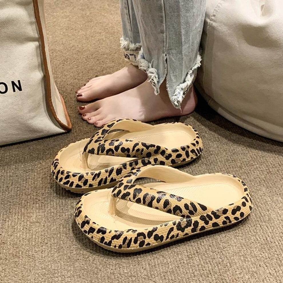 (khaki,leopard, 36-37) Women's Leopard Print Thick Sole Clip-toe Summer Outdoor Flip-flops - Fairy Fashion Style Sandals