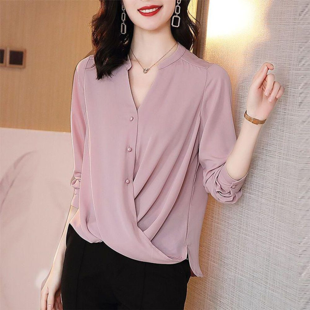 (2XL, pink) Elegant Irregular Chiffon Shirts Women Loose Long Sleeve V-neck Office Lady Solid Summer Tops Blouses