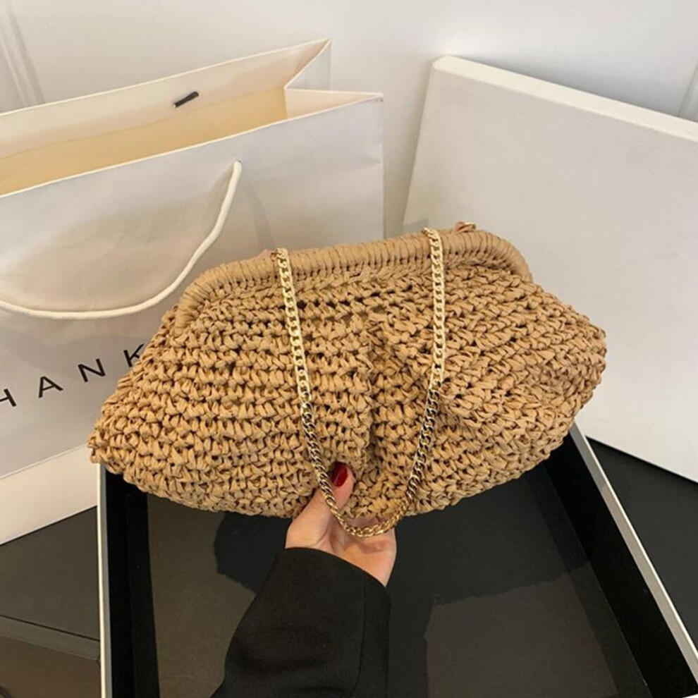 (khaki, 28x8x19cm) Summer Designer Shoulder Crossbody Bag Straw Weaving Clutch Purse Women Dumpling Crossbody Beach Bag Fashon Cloud Pouch