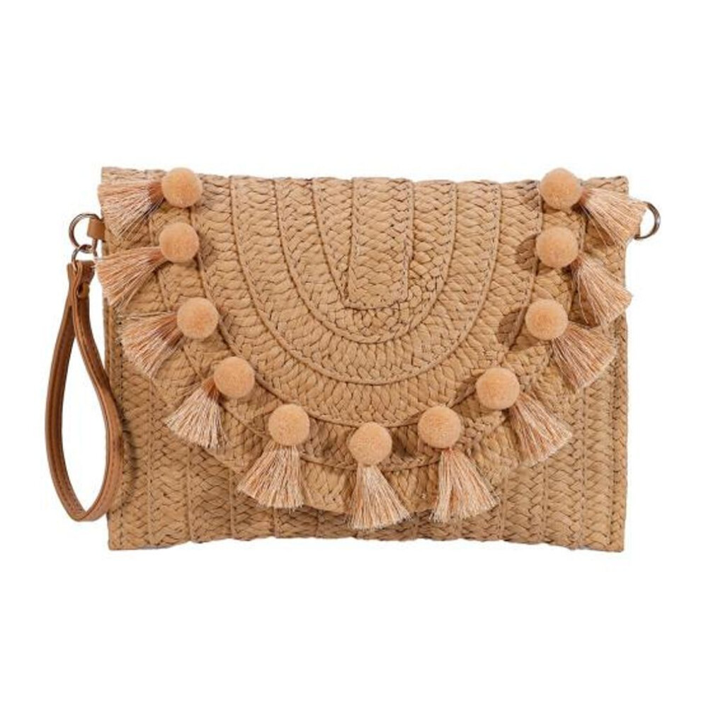 (khaki) Handbag Straw Shoulder Bag Beach Handmade Bag Large Capacity Magnetic Closure Straw Crossbody Bag Woven Envelope Wallet With Adjustable Shoulder