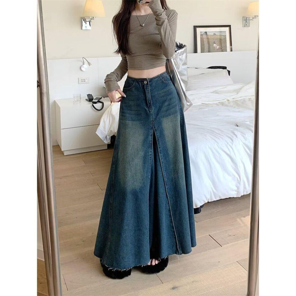 (3XL, blue) 2025 New High-waist A-line Long Denim Skirt For Women - Retro Washed & Slim Fit