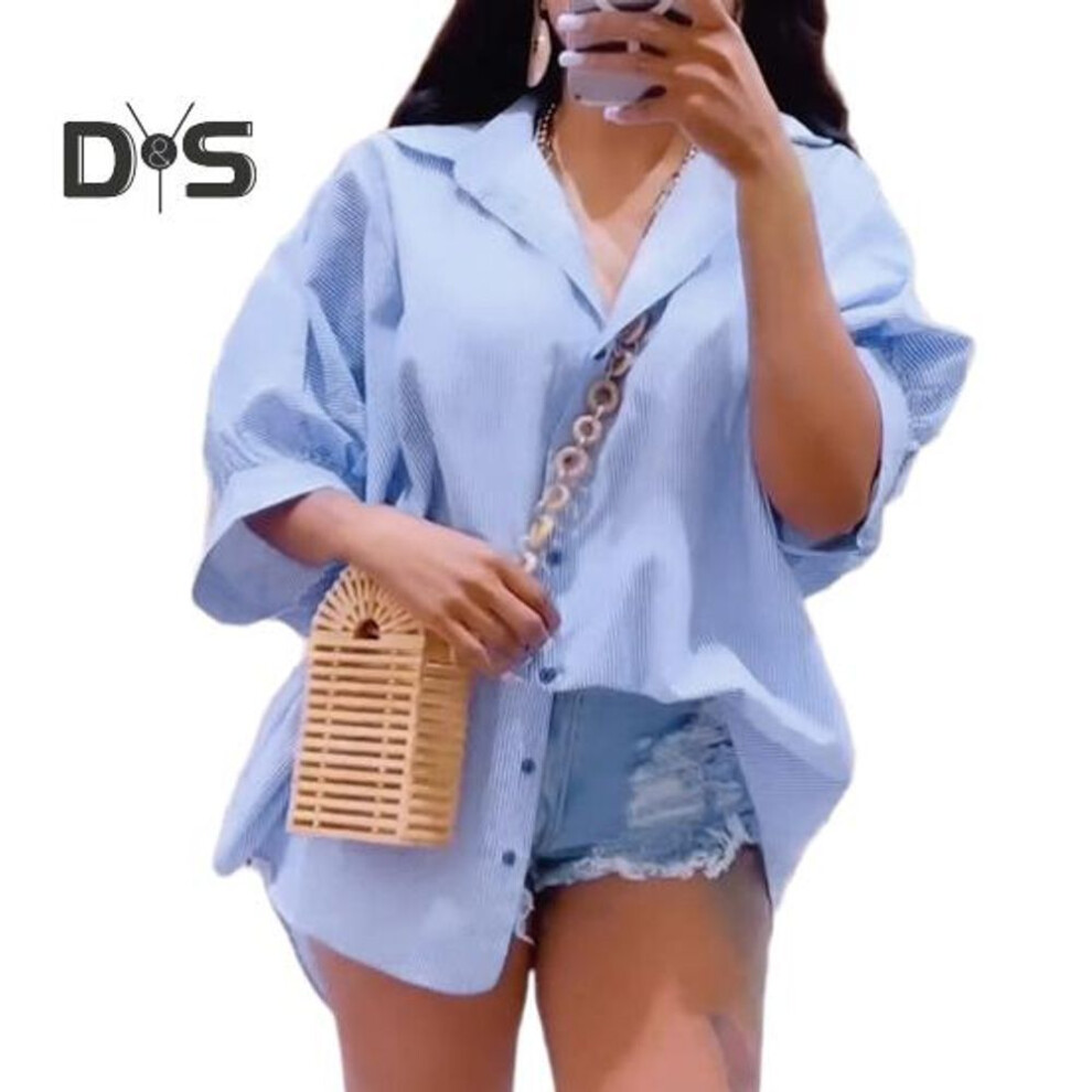 (XL, blue) Women Shirt Lapel Half Sleeve Single Breasted Shirt Tops Backless Drawstring Pleated Tie Design Vertical Striped Print Shirt