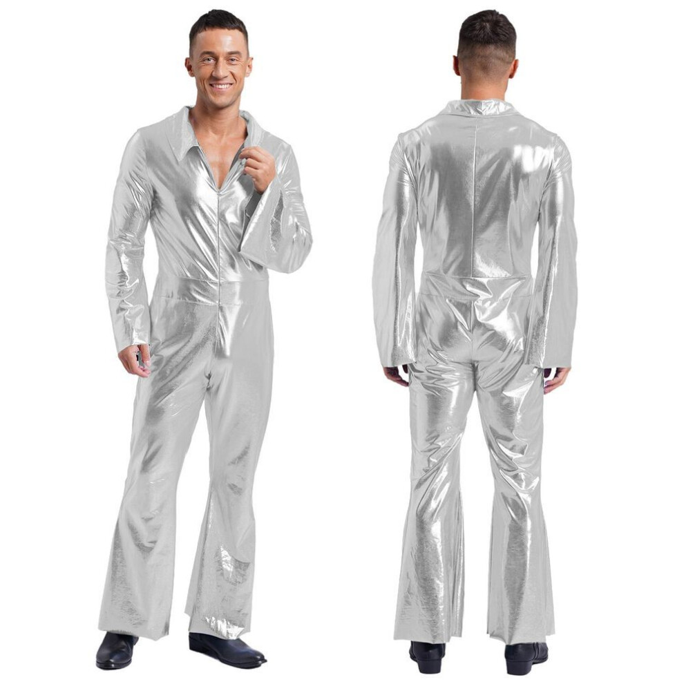 (S, silver) Men's 70s Disco Costume Shiny Metallic Unitard Zentai Zipper Bodysuit One Piece Jumpsuits