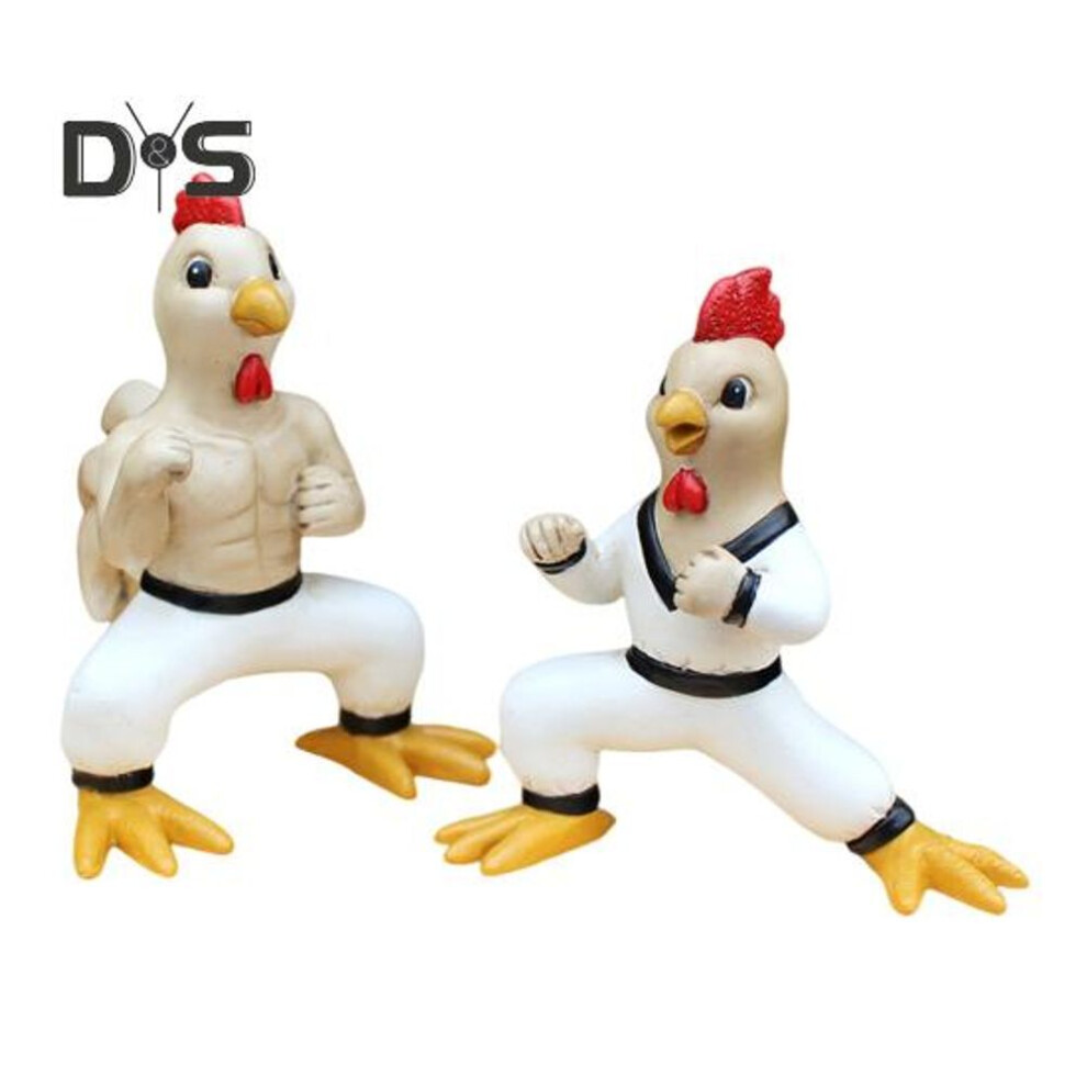 2Pcs Kung Fu Chicken Figurine Resin Fighting Chick Man Statue Cartoon Animal Sculpture Home Office Indoor Outdoor Garden Decoration Ornament
