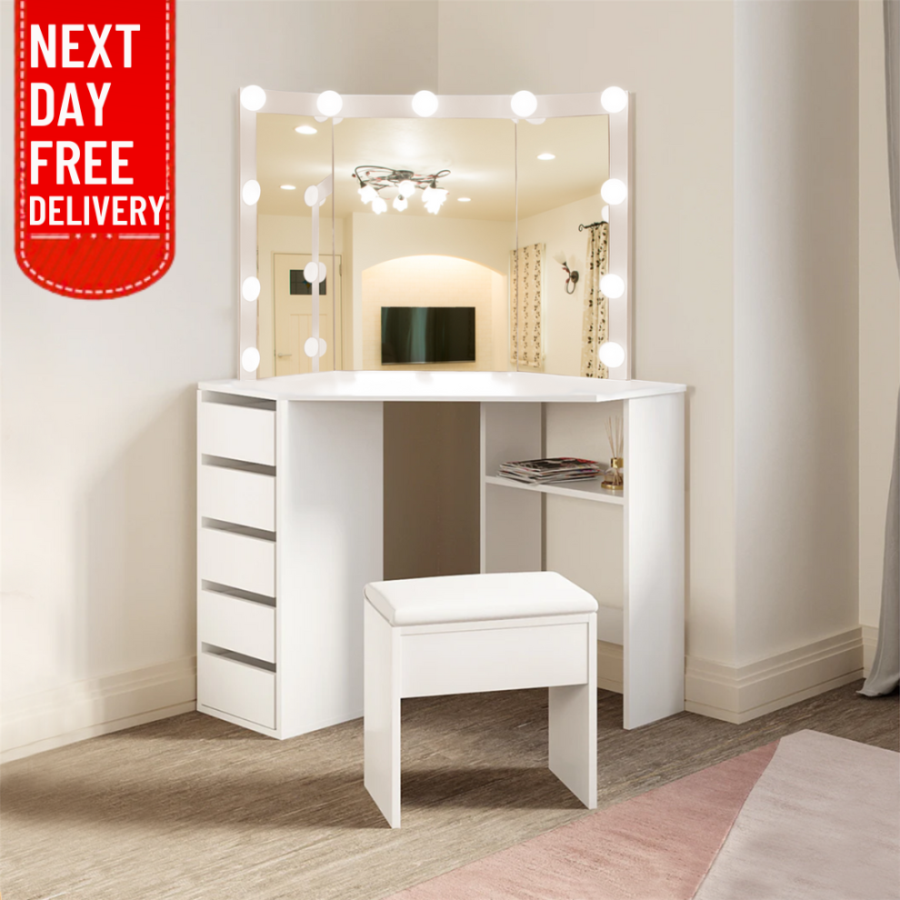 Dressing Table Vanity Makeup Desk Set with LED Mirror Stool 5 Drawer