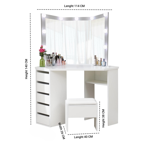 Dressing Table Vanity Makeup Desk Set with LED Mirror Stool 5 Drawer 1