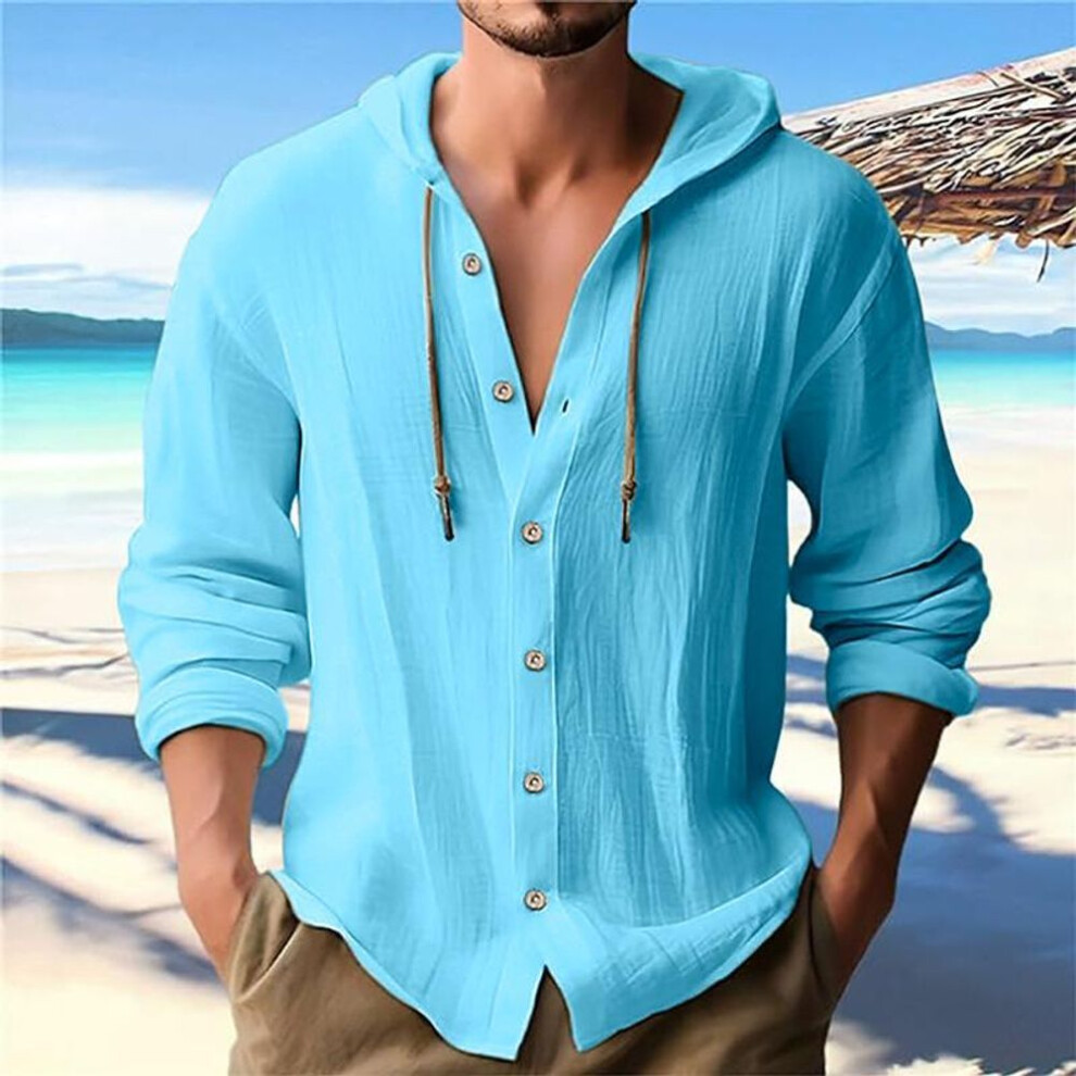 (XL, light blue) Men's Solid Color Casual Long Sleeve Shirt Hooded Cotton Liene Trend with Loose Beach Men's Shirt