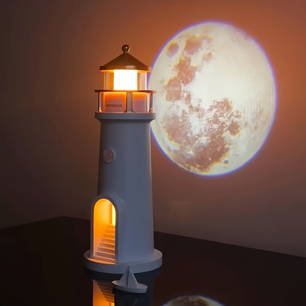 Xylfly (White) Moon & Lighthouse Night Light Projector - Rechargeable Led Aesthetic Table Lamp With Realistic Moon & Stars Projection, Ideal For Living Room