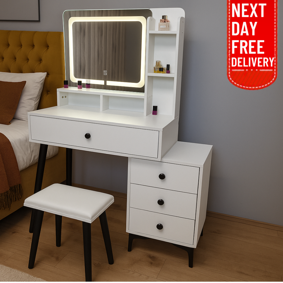 White Hollywood Dressing Table with 4 Drawers & LED Lighted Mirror