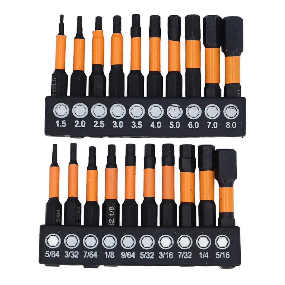 (As Show, One Size) 20 Pieces Hex Bits With 1/4In Shank Metric Imperial Magnetic Alloy Steel Bit Set For Screwdriver Impact Drill 6909775994702