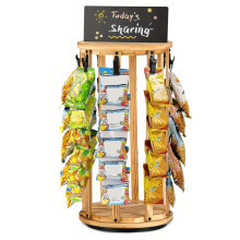 (1pc) Rotating Wooden Snack Display Rack, Large Capacity Vertical Snack Stand With Blackboard Storage Shelf