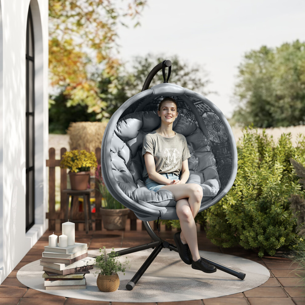 Outsunny Hanging Swing Chair W/ Metal Stand & Side Pocket, Charcoal Grey