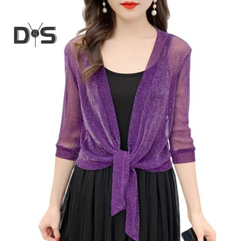 (purple) Women Shawl Coat V-neck 3/4 Sleeve Lace-up Thin Coat Solid Color Strappy Design Regular Fit Top Cocktail Party Wear