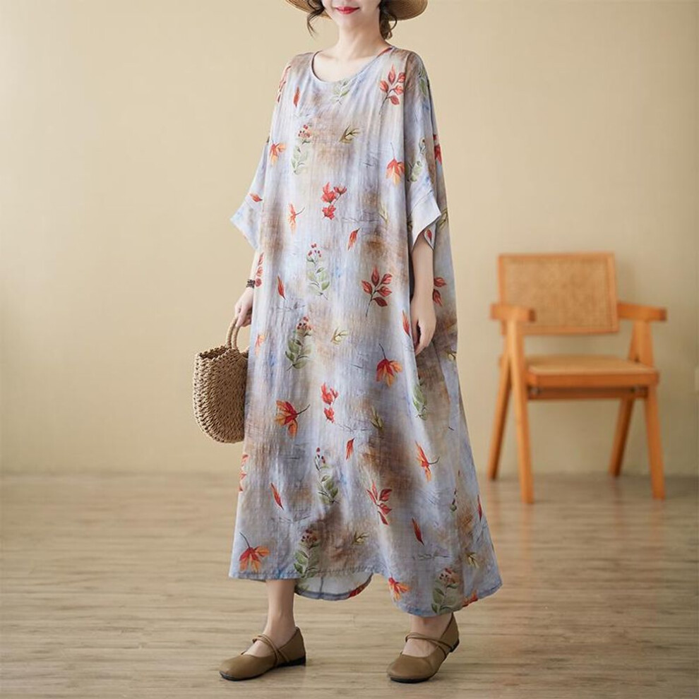 DIMANAF 2025 Women Plus Size Summer Dress Loose Casual Floral Printing Dress Basic Vintage Maxi Short Sleeve Linen