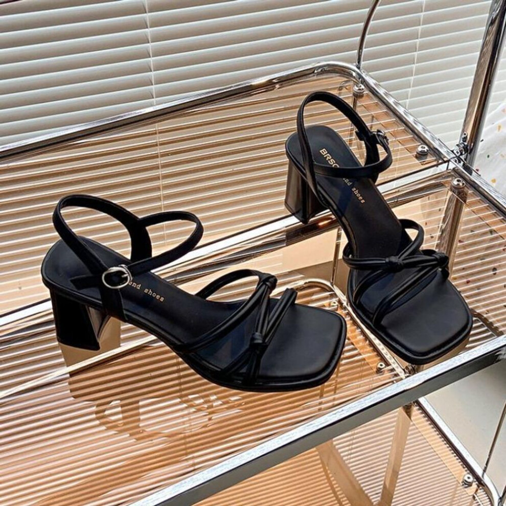(black, 37) Women's Sandals Summer New Square Heel High Heels Fashionable Roman Sandals Black and White Open Toe Women's Shoes SIZE33-40