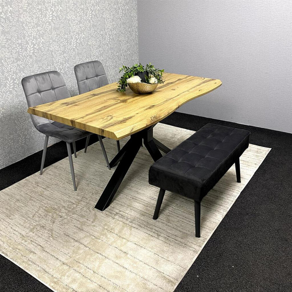 Dining Table with Grey Velvet Chairs and Modern Wooden Benches