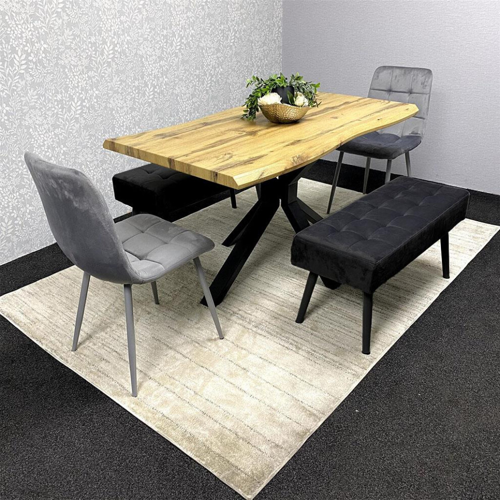 Wooden Brown Dining Table with 2 Grey Velvet Chairs and Padded Benches