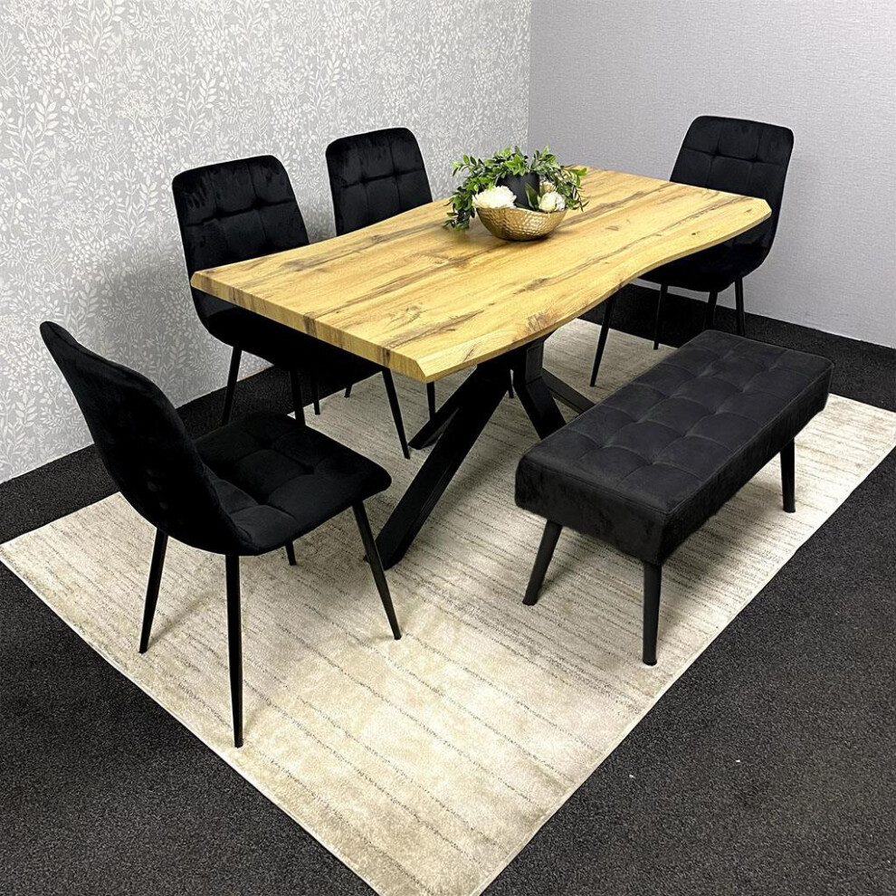 Wood Dining Set with Velvet Chairs & Black Velvet Bench
