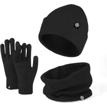 (Black) 3 In 1 Winter Beanie Hat Scarf Glove Set Thermal Warm Knitted Beanie Cap Soft Fleece Brushed Inner Lining Elastic Circle Neck Warmer Touchscreen Glove