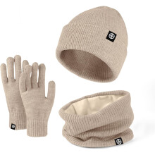 (Khaki) 3 In 1 Winter Beanie Hat Scarf Glove Set Thermal Warm Knitted Beanie Cap Soft Fleece Brushed Inner Lining Elastic Circle Neck Warmer Touchscreen Glove