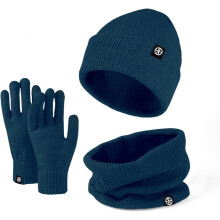 (Blue) 3 In 1 Winter Beanie Hat Scarf Glove Set Thermal Warm Knitted Beanie Cap Soft Fleece Brushed Inner Lining Elastic Circle Neck Warmer Touchscreen Glove