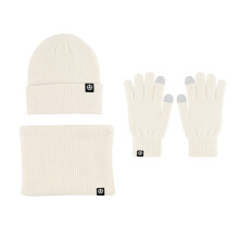 (Beige) 3 In 1 Winter Beanie Hat Scarf Glove Set Thermal Warm Knitted Beanie Cap Soft Fleece Brushed Inner Lining Elastic Circle Neck Warmer Touchscreen Glove