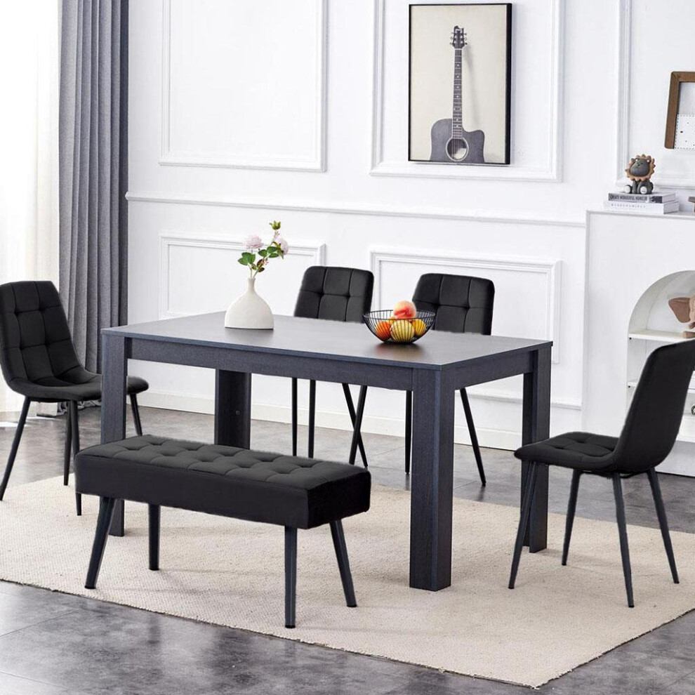 Dining Table and 4 Chairs With Black Bench, 4 Grey Velvet Chairs