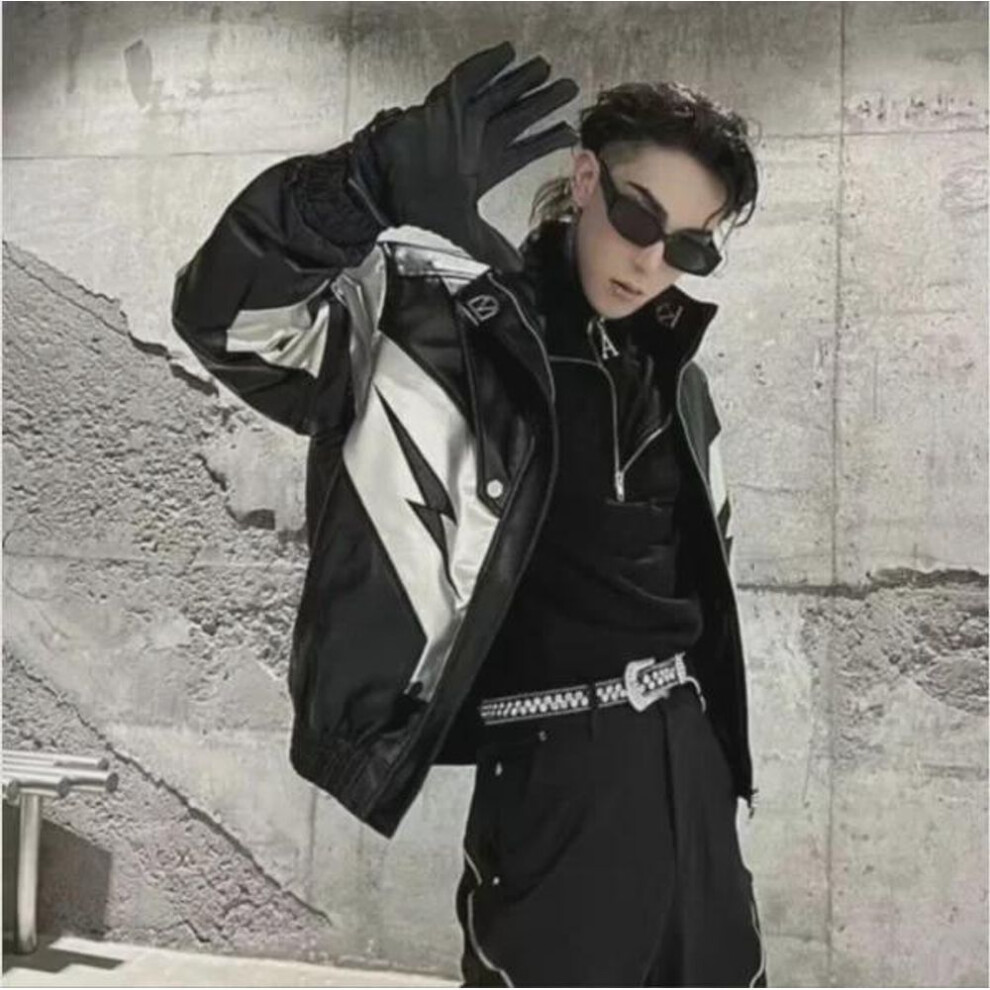 (black, L) American Retro Contrast Color Splicing Motorcycle Leather Jacket For Men And Women, Korean Style Bf Loose Fit.