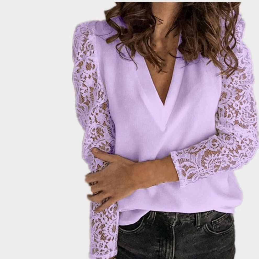 (XXXL, purple) YYFS Women's Fashion Casual Spring Autumn Solid Color Print Long Sleeve V-Neck Blouses & Shirts