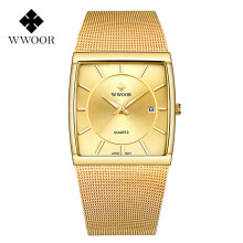 (Gold Gold) Luxus Gold Uhr Männer Quadratische Japan Quarz Dünne Stahl Mesh Wasserdicht Sport Automatische Datum