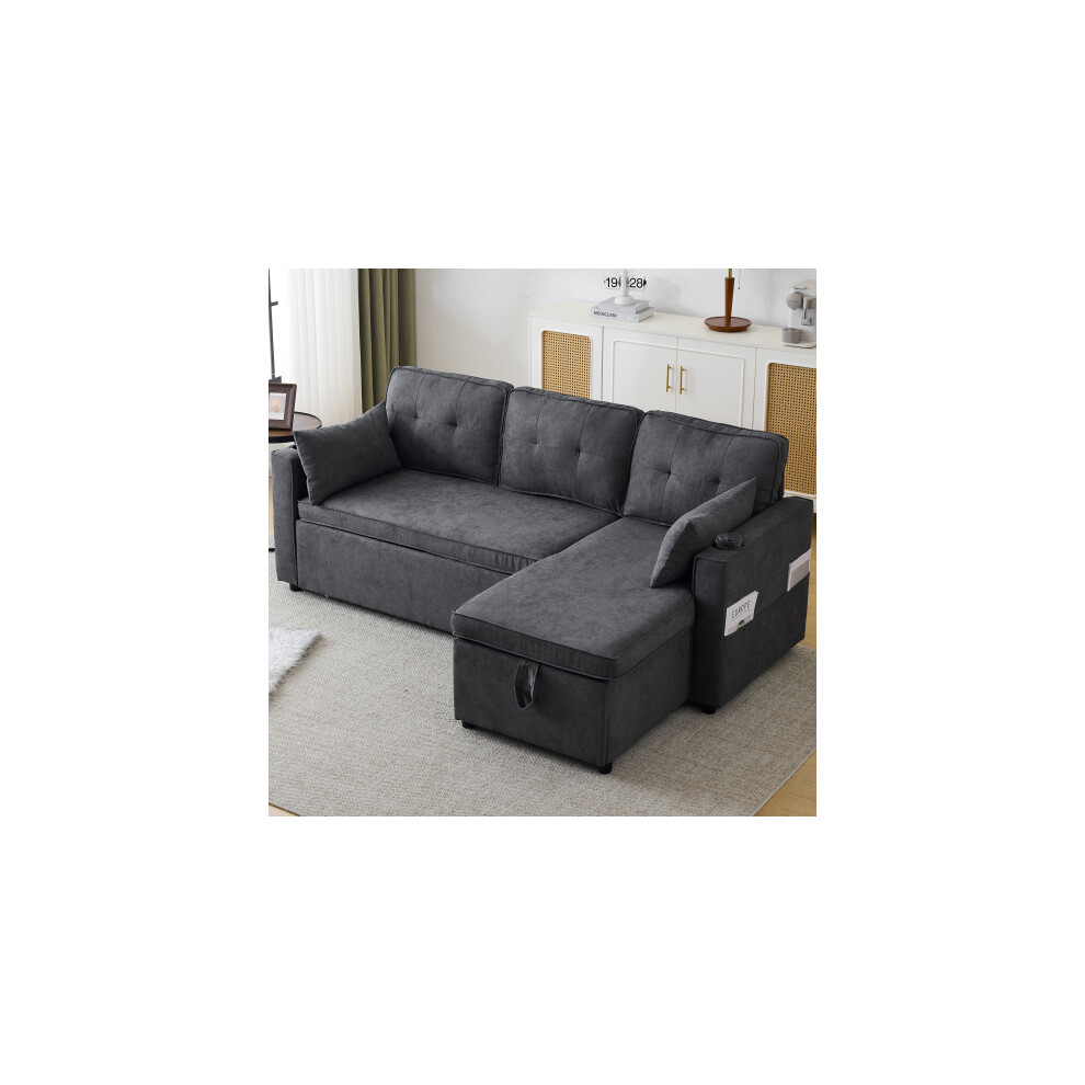 3-in-1 Convertible Sofa Bed with Internal Storage Chaise, L Shaped Sleeper Sofa Couches with Cup Holders, Pillows and Storage Pocket. Grey