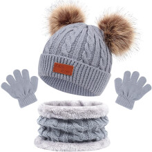 (Grey) Kids Winter Warm Beanie Hat Scarf Gloves Set,3Pcs Thermal Knit Crochet Thick Fluffy Cap Pom Bobble Hat Neck Warmer Gloves Setfor Girls Boys Children