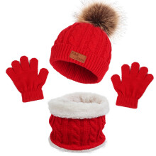 (Red) Kids Winter Warm Beanie Hat Scarf Gloves Set,3Pcs Thermal Knit Crochet Thick Fluffy Cap Pom Bobble Hat Neck Warmer Gloves Setfor Girls Boys Children