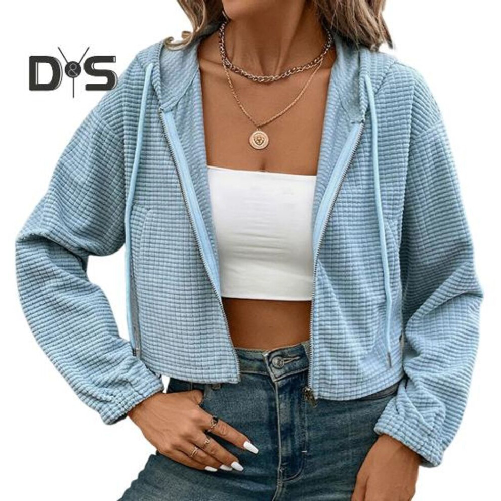 (S, blue) Women's Hooded Sweatshirt Long Sleeve Solid Color Jacket with Drawstring Zip Up Short Hoodie for Daily Party Office Vacation